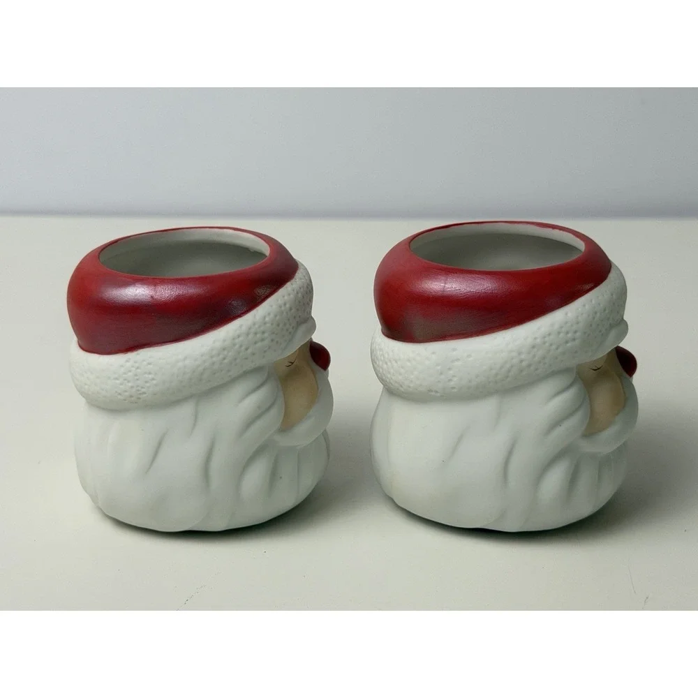 Hallmark Ceramic Santa Claus Head Votive Candle Holder MCM Pair Of VTG 1970s